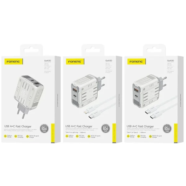 Cargador Tipo-C/Tipo-C GaN30 65W 2USB-A+C Foneng